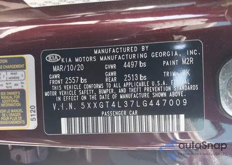 2020 Kia Optima Lx z USA, uszkodzony, nr VIN 5XXGT4L37LG447009